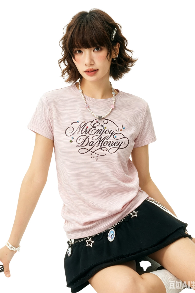 MEDM Rhinestone Cursive Slim Crew Neck Women T-Shirt