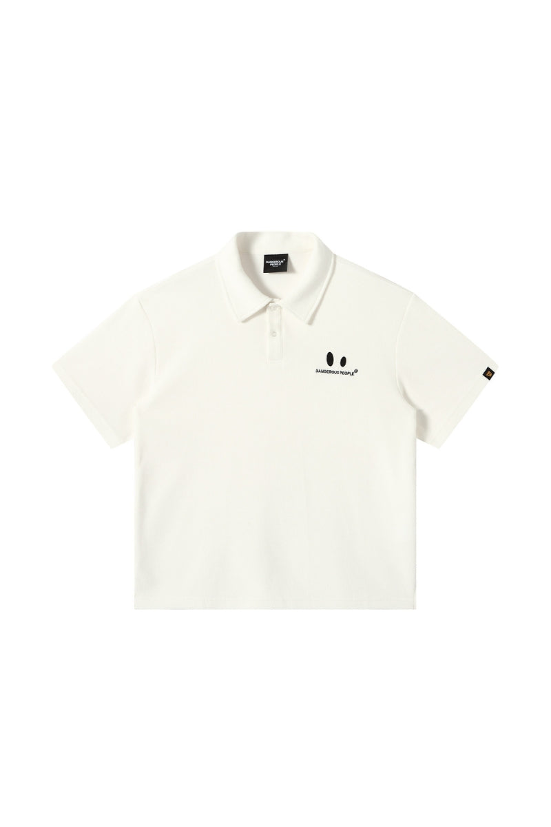 DangerousPeople DSP｜Textured Small‑Eye Graphic Boxy Fit Couple Short‑Sleeve Polo Shirt