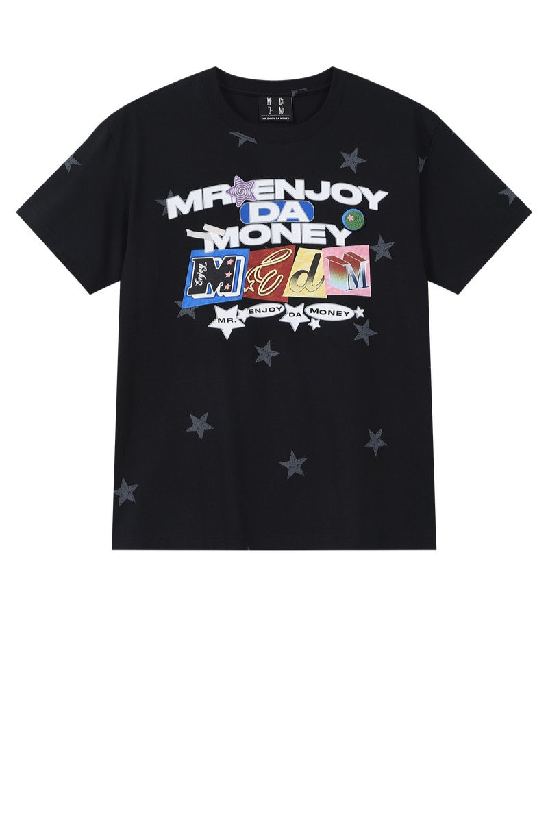 MEDM All Over Print Star Letter Embroidery T-shirt, Loose Crew Neck Couple Tee