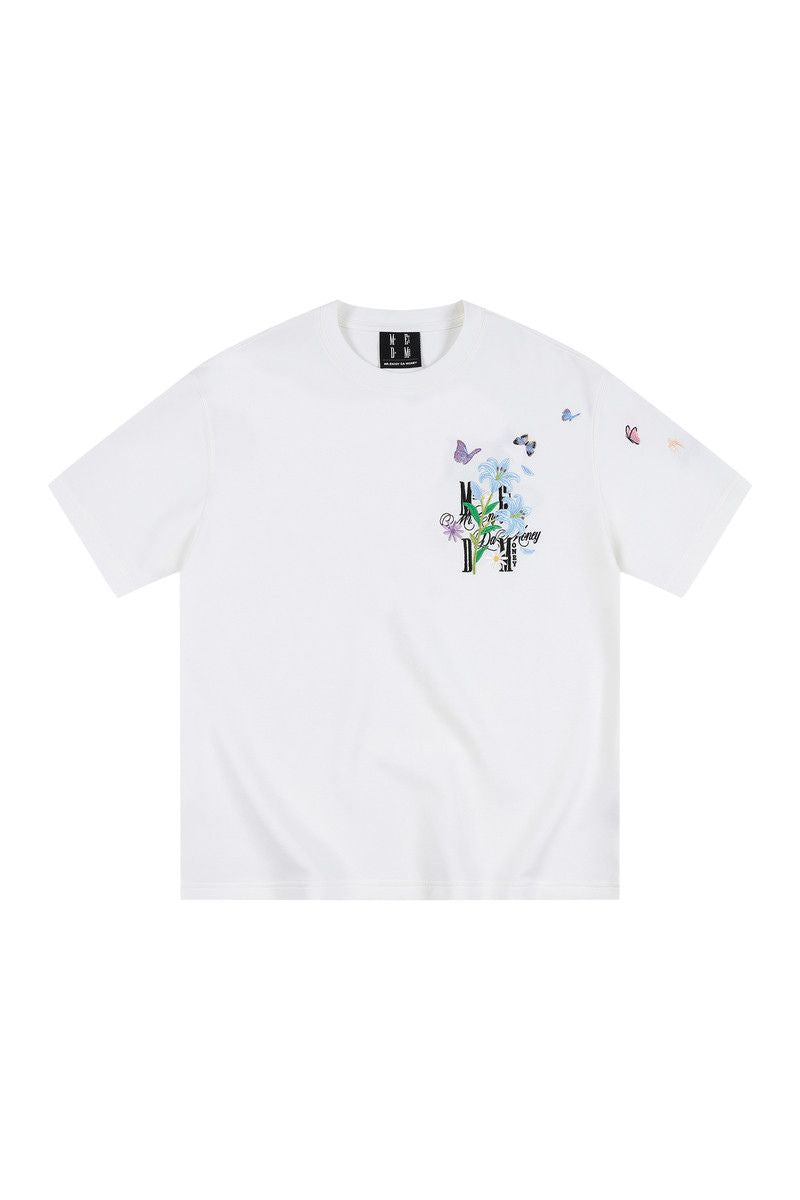 MEDM 3D Butterfly Magnolia Embroidered Oversized Couple Crew Neck T-Shirt