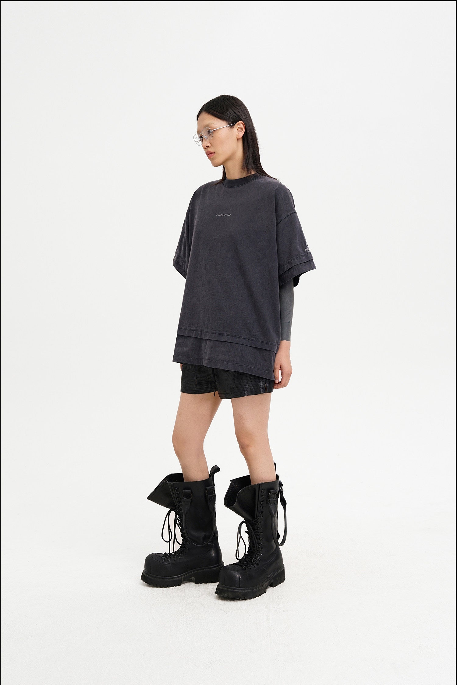 Masonprince  Double Golden Divide Knitted Round-Neck Short T-Shirt