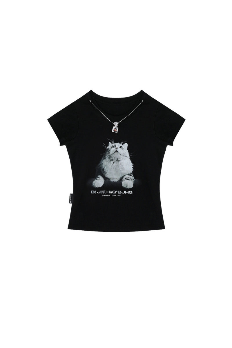 BJHG American Print True‑Shoulder Fitted Tee Women Summer Cool Quick‑Dry Streetwear Top