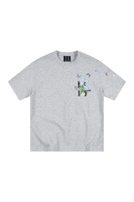 MEDM 3D Butterfly Magnolia Embroidered Oversized Couple Crew Neck T-Shirt