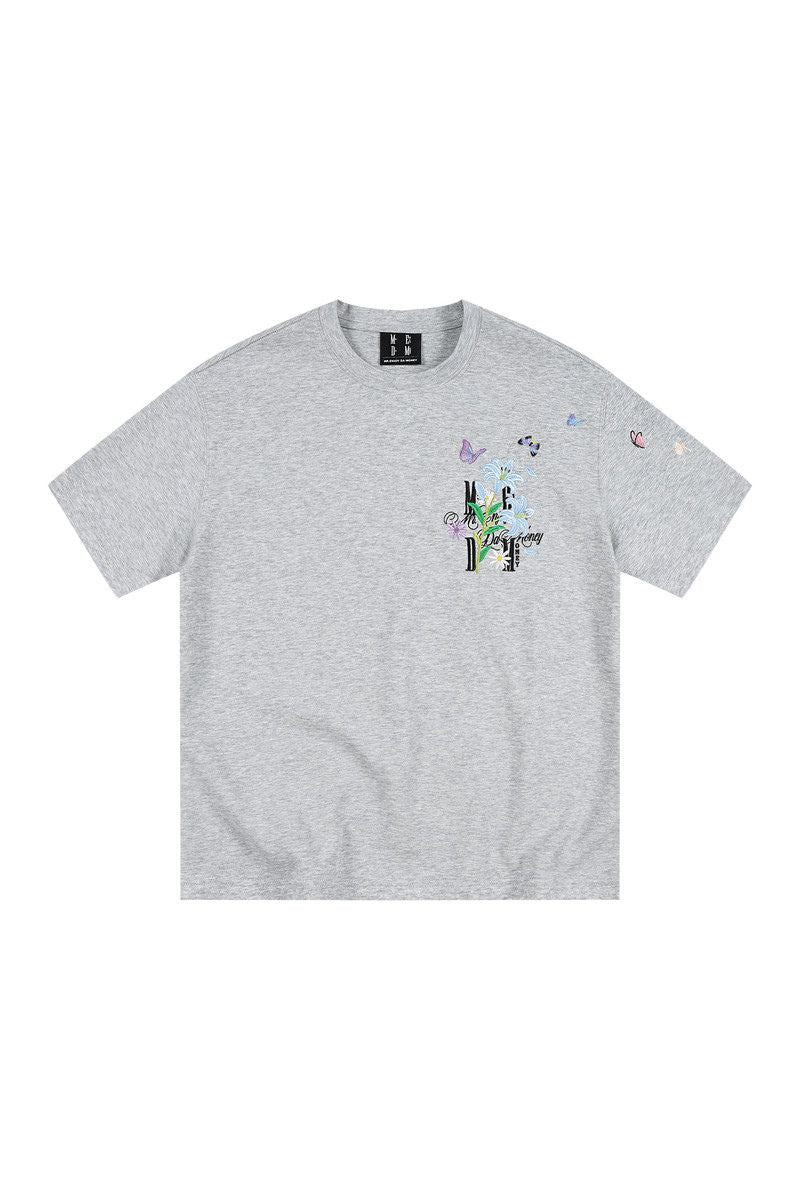 MEDM 3D Butterfly Magnolia Embroidered Oversized Couple Crew Neck T-Shirt
