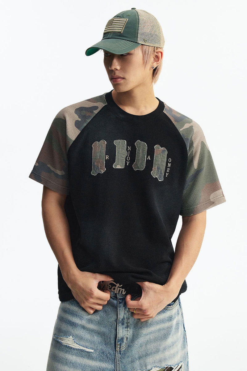 MEDM Waffle Camo Patch Logo Raglan Tee Vintage Oversized Unisex
