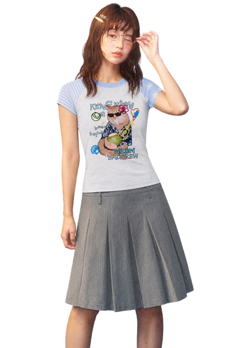 MEDM x YAD Cat & Dog Battle Print 3D Letter Raglan Women Tee
