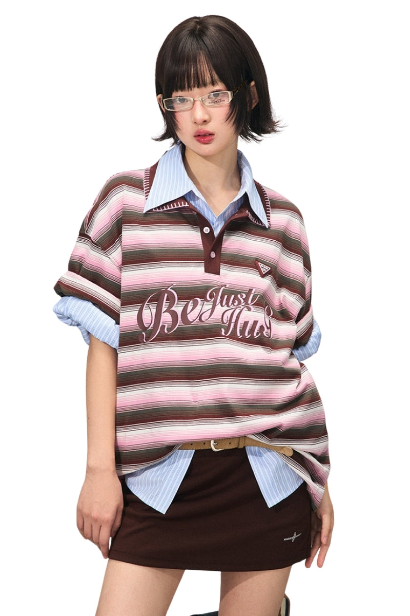 BJHG Summer Couple Polo Shirt Preppy Striped Collared Short‑Sleeve Casual Top