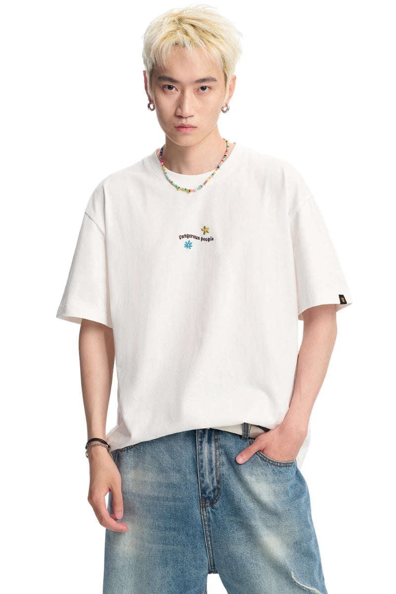 Dangerouspeople DSP Fun Embroidery Small Flower Loose Unisex T‑Shirt