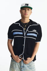 MEDM 2026 Striped Mesh Knit Collared Short Sleeve Top