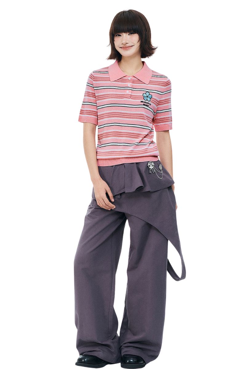 MEDM Women's Floral Stripe Knit Short Sleeve Polo Shirt