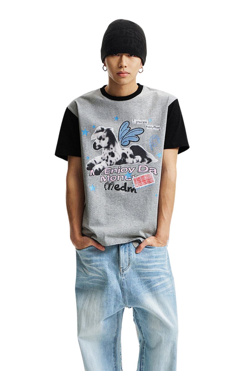 MEDM Blurry Pony Print Glitter Stars Crew Neck T-shirt