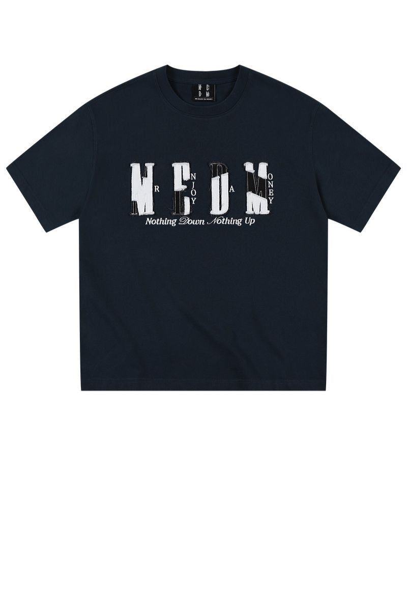 MEDM Contrast Patch Embroidered Logo Oversized Couple Crew Neck Short Sleeve T-Shirt