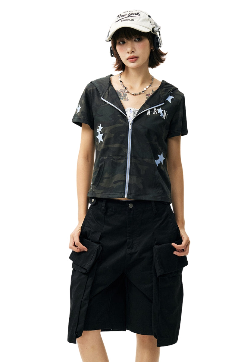 MEDM Camo Star Zip Short Sleeve Hoodie Women