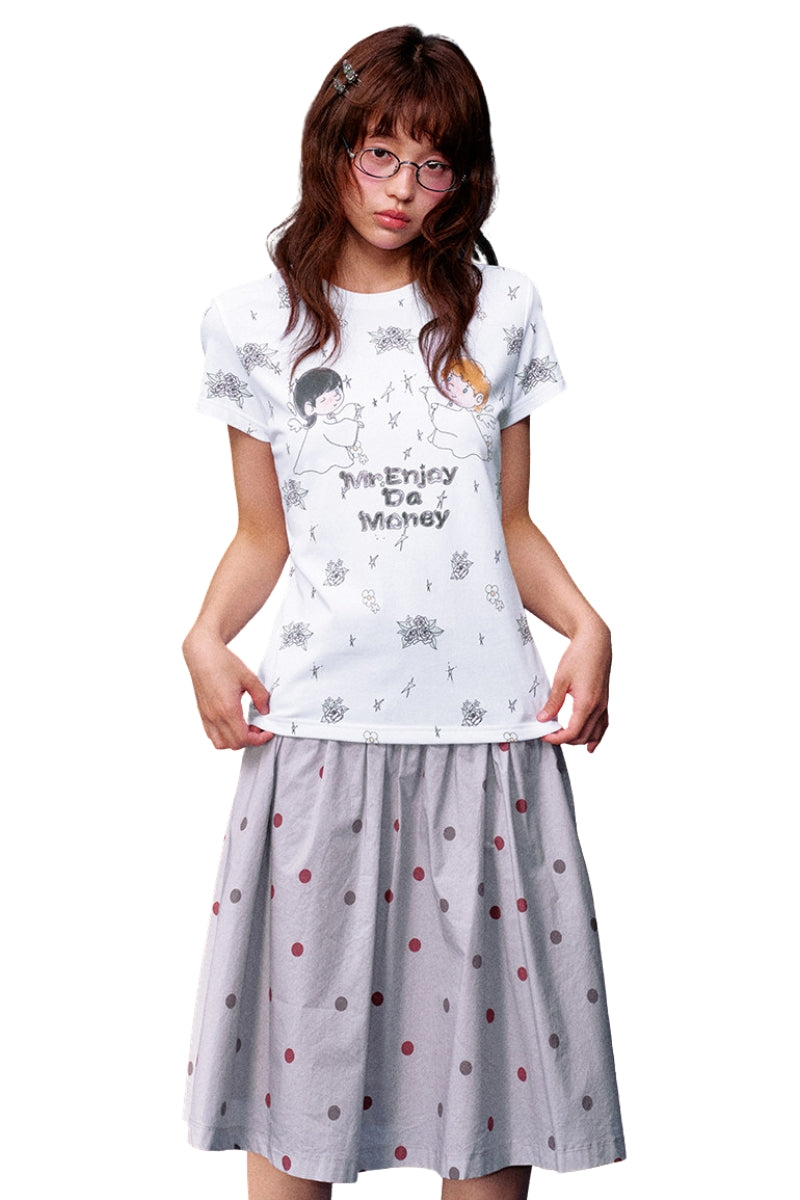 MEDM White Wreath Angel Print Polka Dot Loose Women Tee