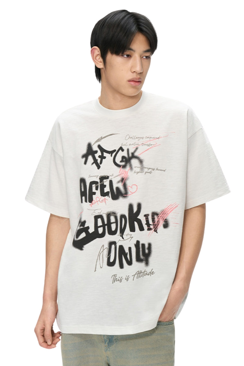 AFGK Graffiti Blurry Font Tee Unisex Summer Couple Casual T-shirt