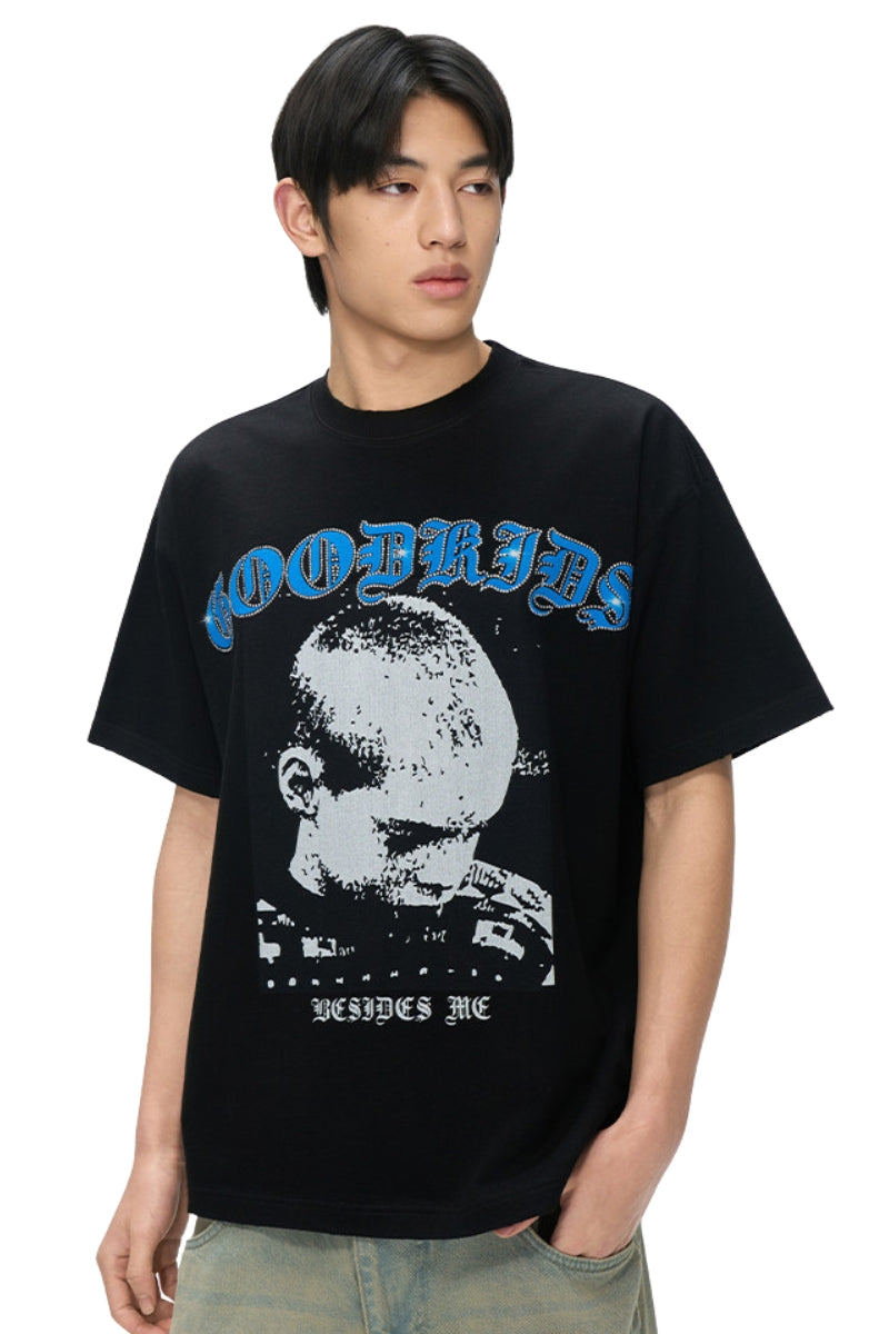 AFGK Rhinestone Vintage Screen Print Tee Unisex American Street Loose T-shirt
