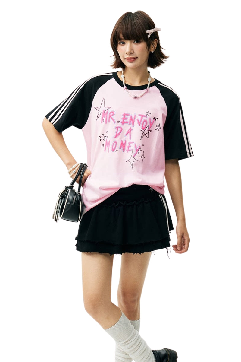 MEDM Color Block Graffiti Raglan Striped Unisex T-Shirt