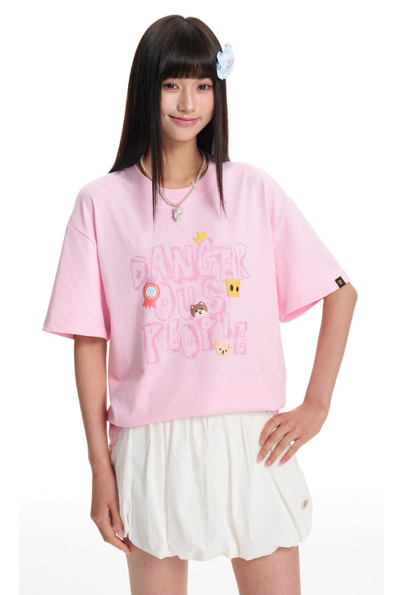 Dangerouspeople｜Graffiti Font Print Loose Oversized Cotton T‑Shirt