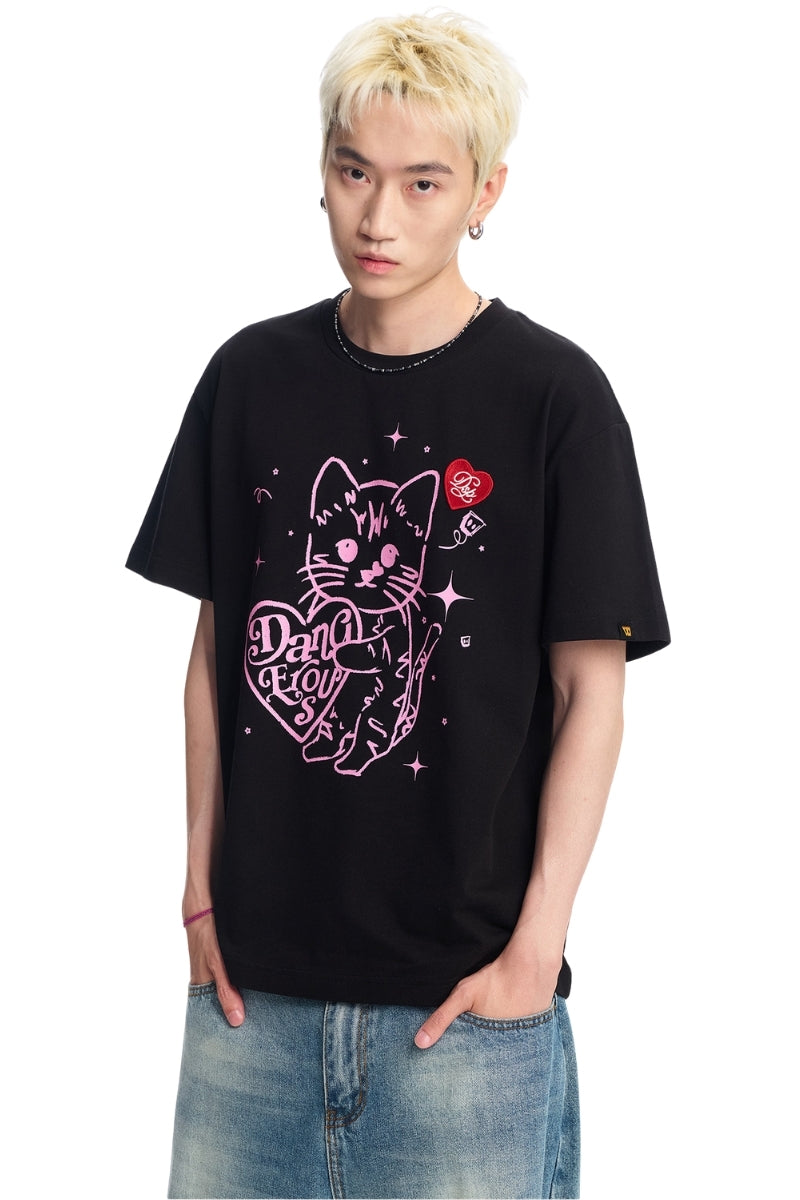 Dangerouspeople DSP Cat Dog Heart Print Drop‑Shoulder Unisex T‑Shirt