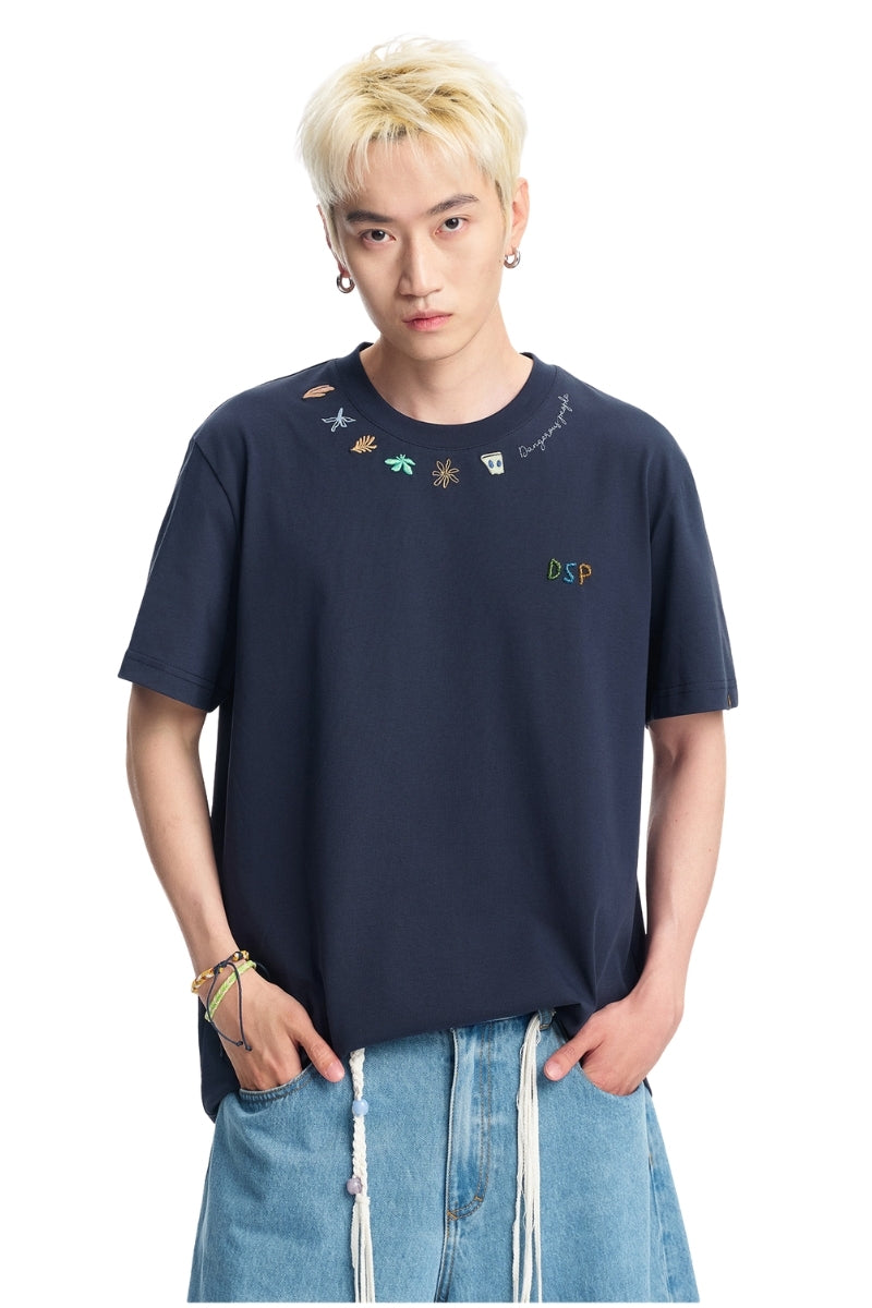 Dangerouspeople DSP Embroidery Flower Beaded Sorona Cool‑Touch T‑Shirt