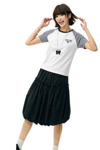 MEDM Stripe Raglan Embroidered Logo Loose T-shirt Women