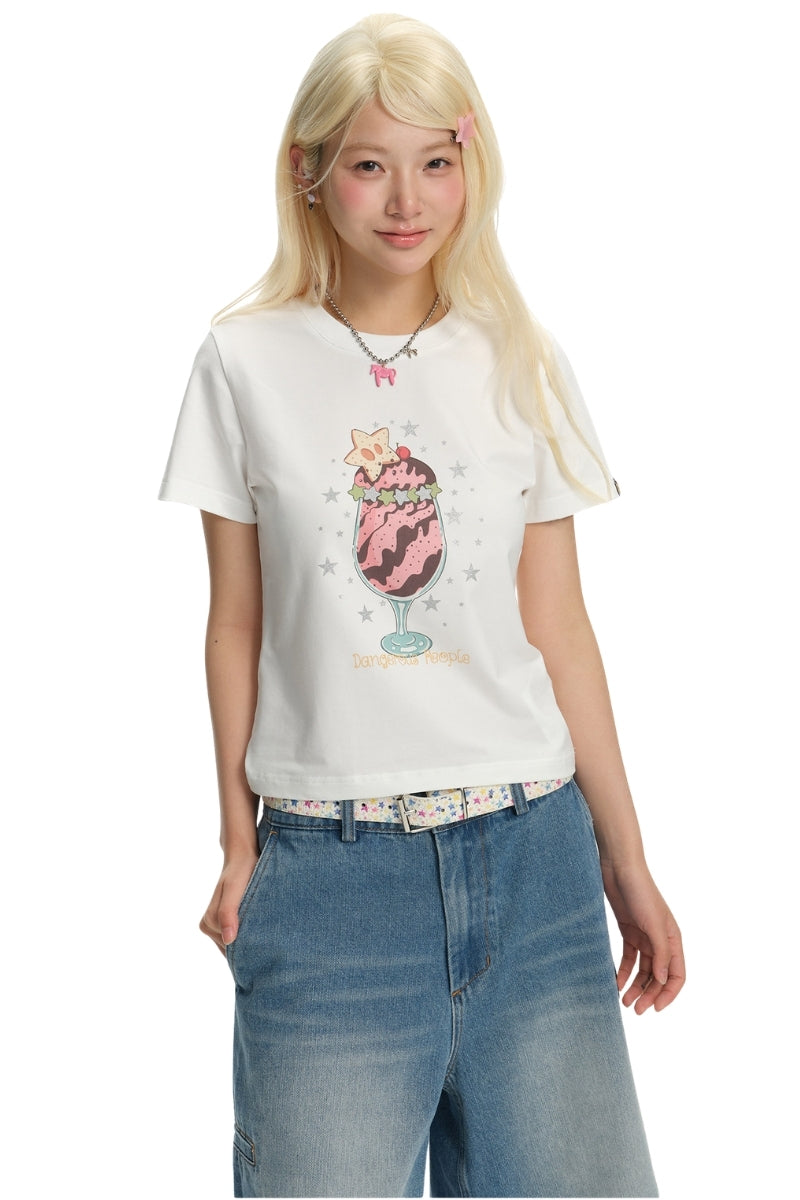 Dangerouspeople DSP Glitter Ice‑Cream Print Women Retro T‑Shirt