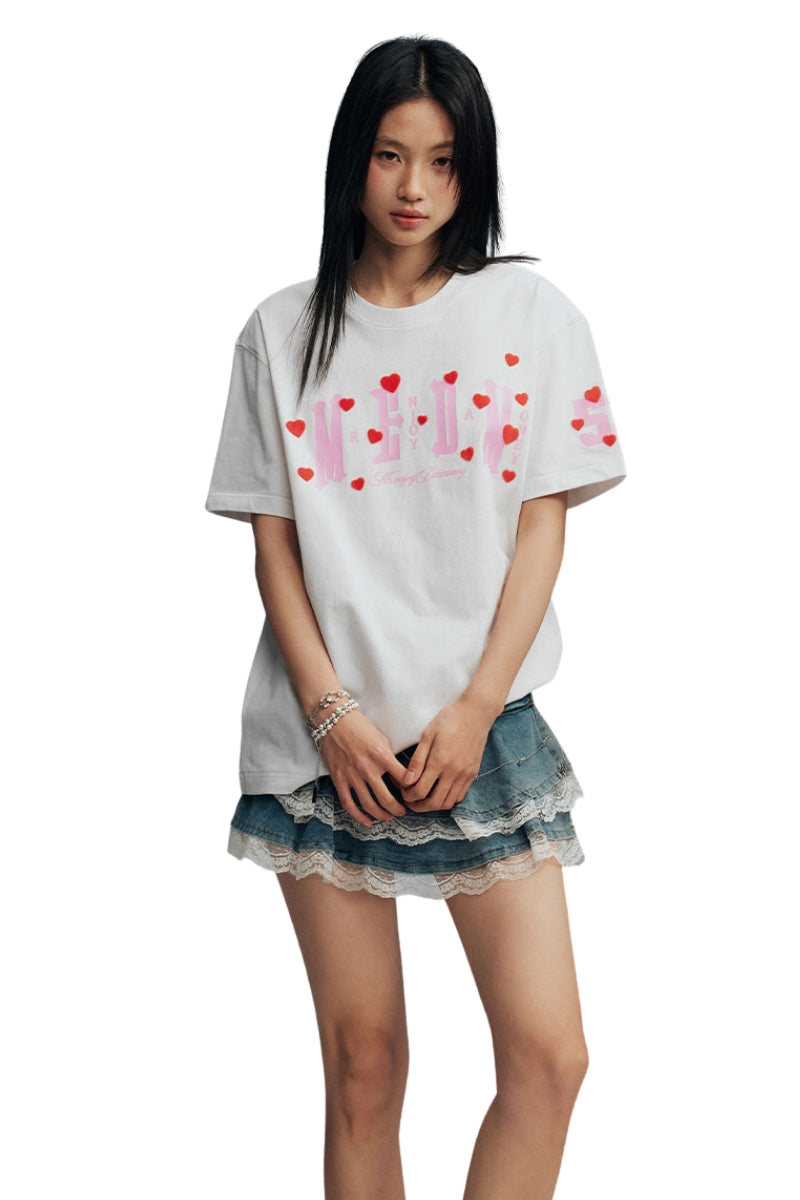MEDM No.52 Flocked Heart Print Heavy Cotton T-shirt Couple