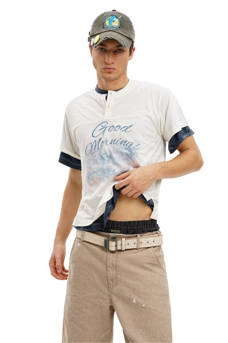 MASONPRINCE "Good morning" Ocean Henley‑Neck Cami & Short Sleeve