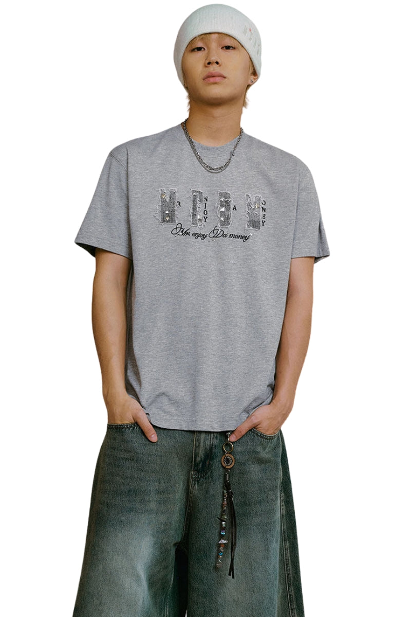MEDM Vintage Denim Patch Rhinestone Crew Neck Tee