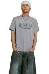 MEDM Vintage Denim Patch Rhinestone Crew Neck Tee