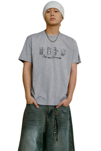 MEDM Vintage Denim Patch Rhinestone Crew Neck Tee