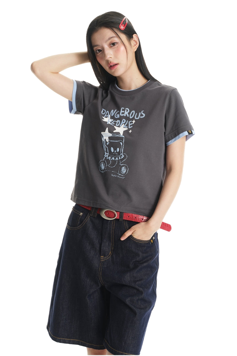 DangerousPeople DSP｜Color‑Block Splicing Hand‑Drawn Bear Print Sorona Quick‑Dry T‑Shirt