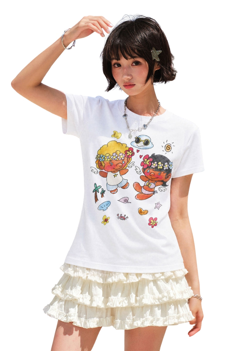 MEDM Women Angel Glitter Print Contrast Slim Crew Neck Tee