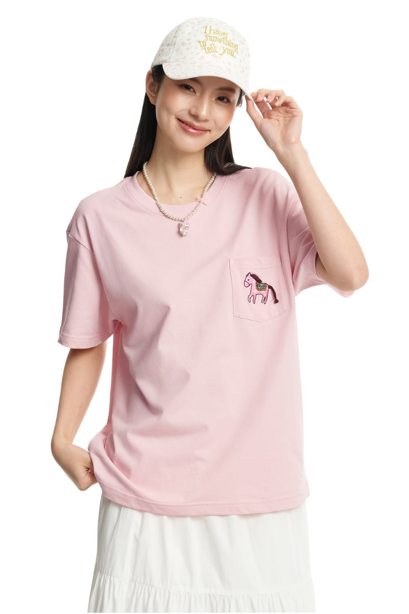 DangerousPeople｜3D Pony Embroidery Pocket Cotton T‑Shirt