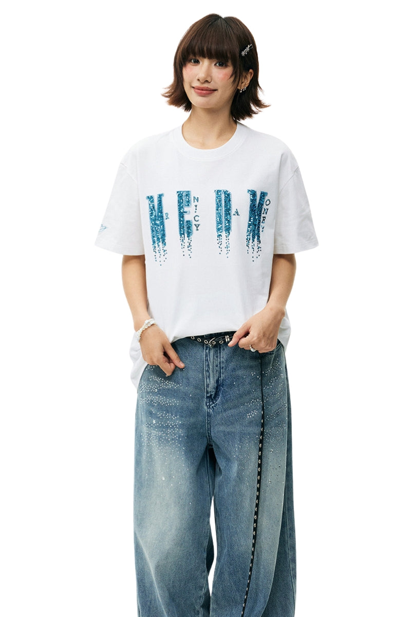 MEDM Sequin Phantom Letter Loose Crew Neck T-Shirt Unisex