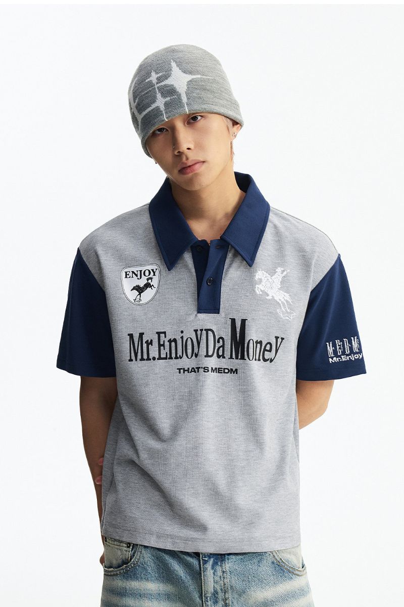 MEDM Wild Horse Embroidery Contrast Panel Loose Short Sleeve Polo Shirt