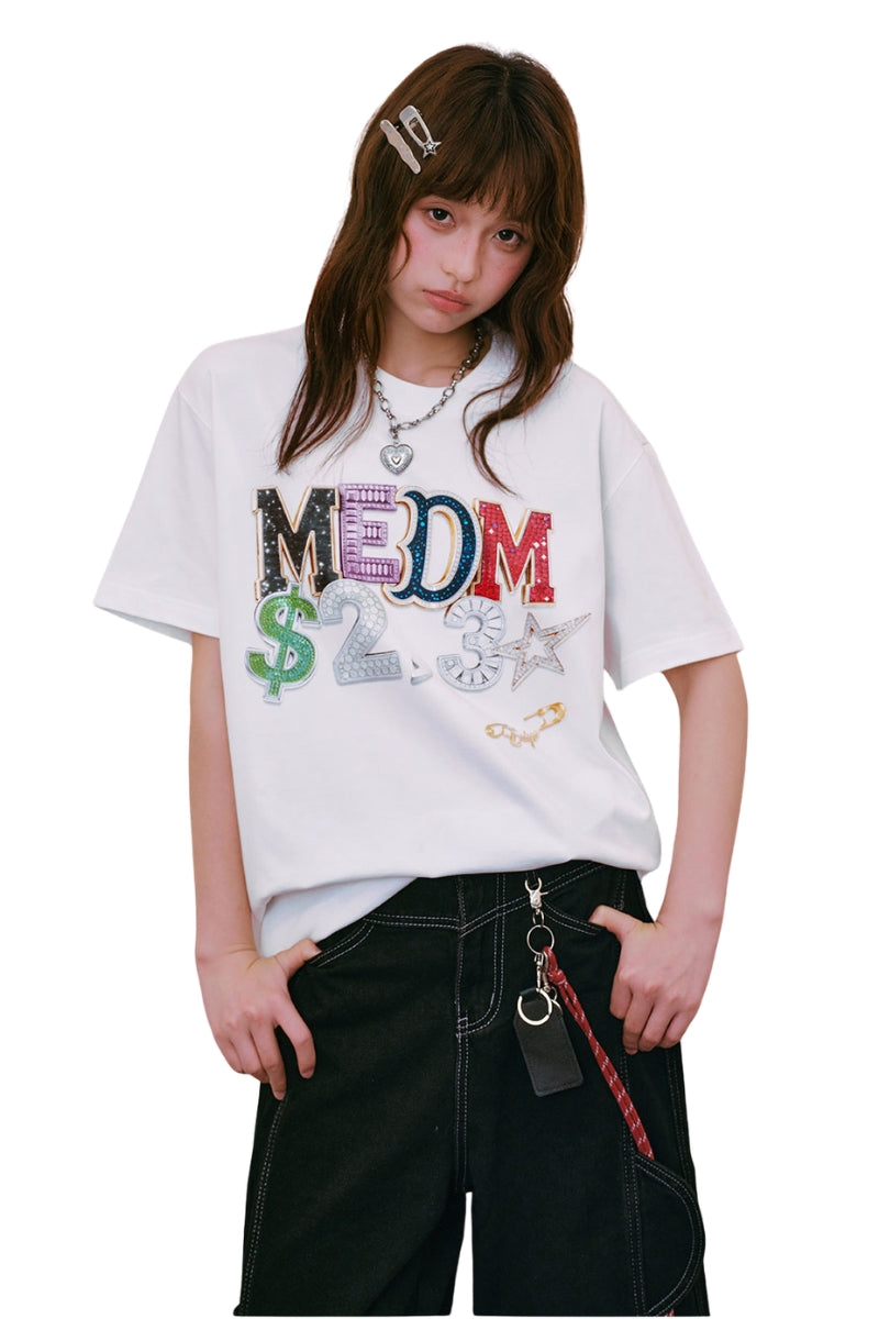 MEDM Jewel Letter Heat Set Print Sorona Cooling Sun Protection Couple Tee