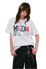 MEDM Jewel Letter Heat Set Print Sorona Cooling Sun Protection Couple Tee