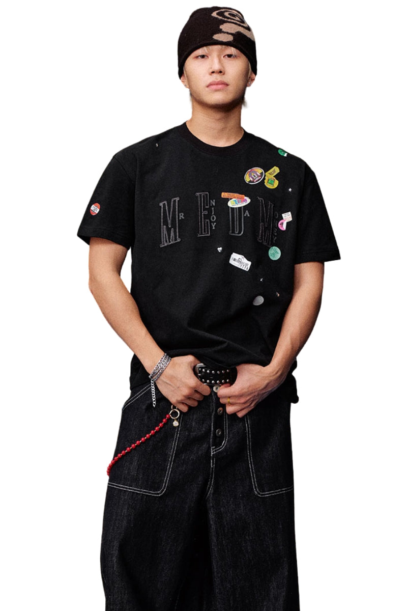 MEDM Sticker Label Patch Embroidery Unisex Cotton T-Shirt