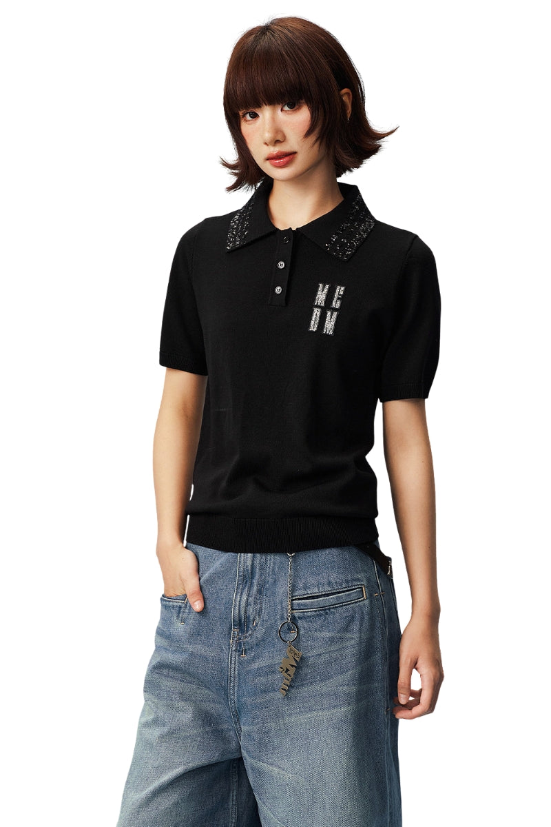 MEDM Casual Loose Fit Sequin Polo Collar Women's Tee