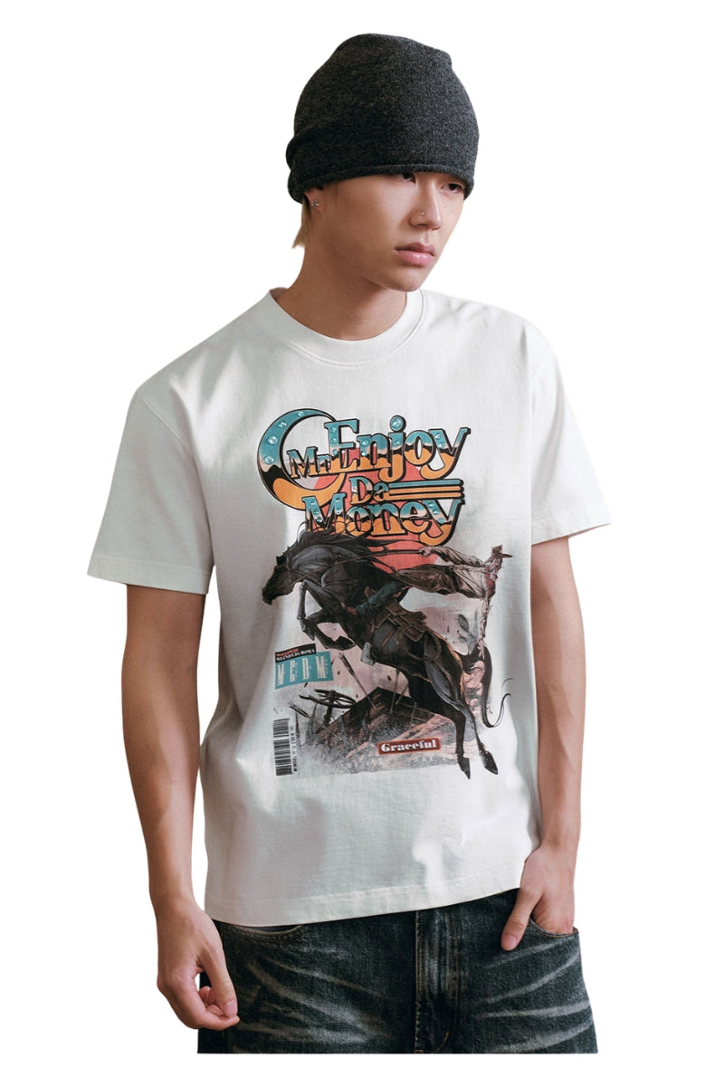 MEDM Men American Vintage Cowboy Rhinestone Print T-Shirt