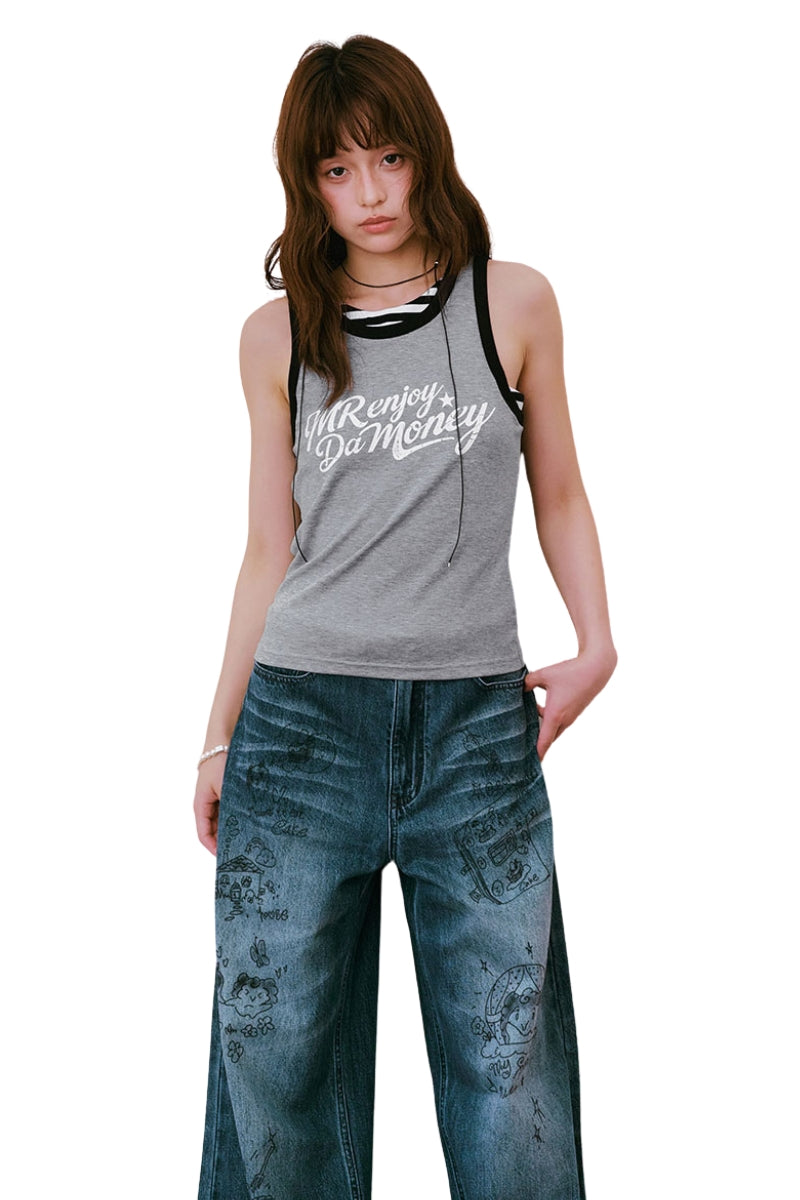MEDM Fake Two-Piece Stripe Spliced Women Racerback Tank