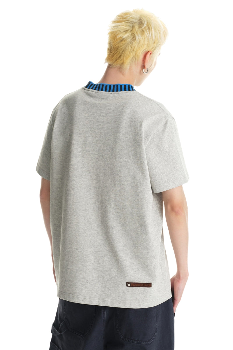 DangerousPeople DSP｜Striped Color Block Cat Embroidery Loose Short Sleeve Tee