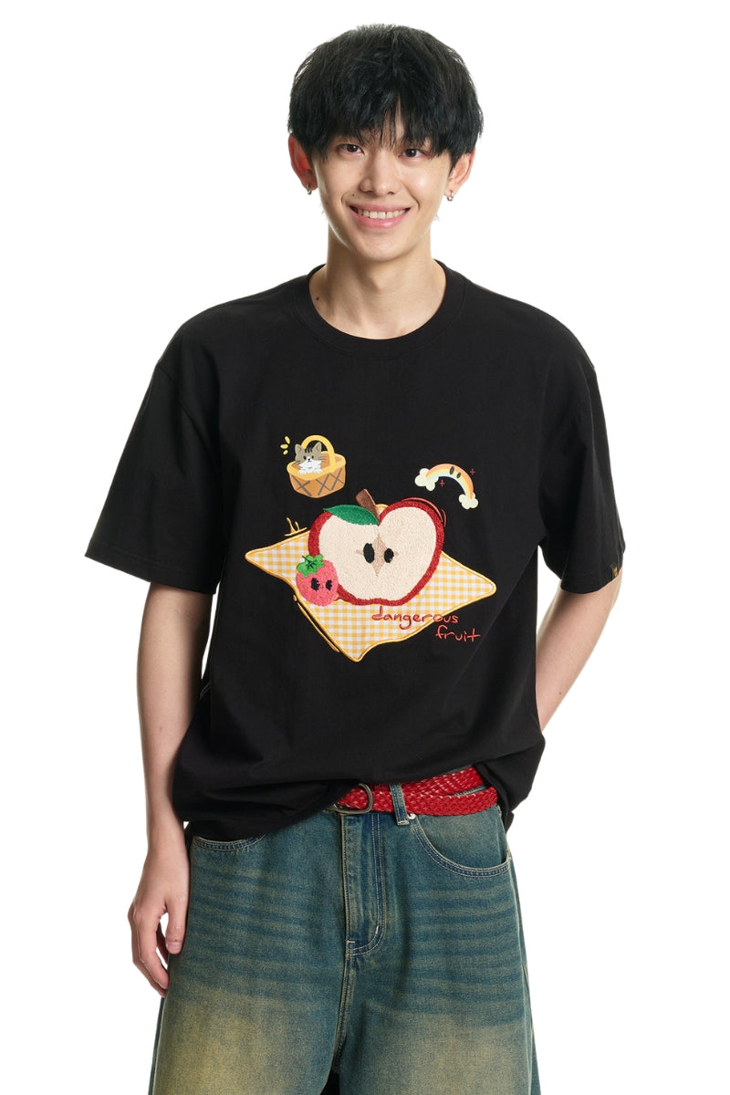 Dangerouspeople DSP Fun Picnic Fruit Patch Towel‑Embroidery Crewneck Tee