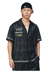 MEDM All Over Dollar Print Cuban Collar Embroidered Shirt