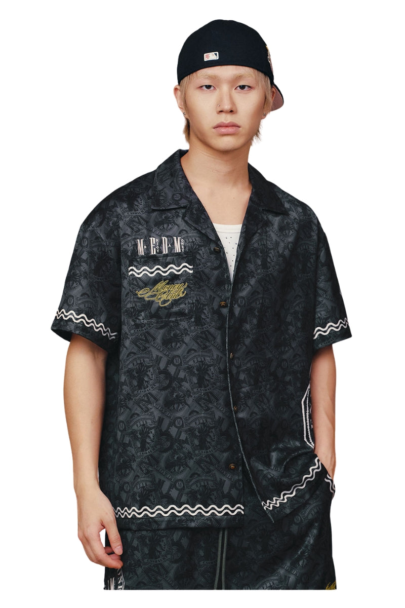 MEDM All Over Dollar Print Cuban Collar Embroidered Shirt