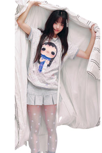 MEDM YUY Yu Contrast Trim Neck Cuff Women Cute Crew Neck T-Shirt