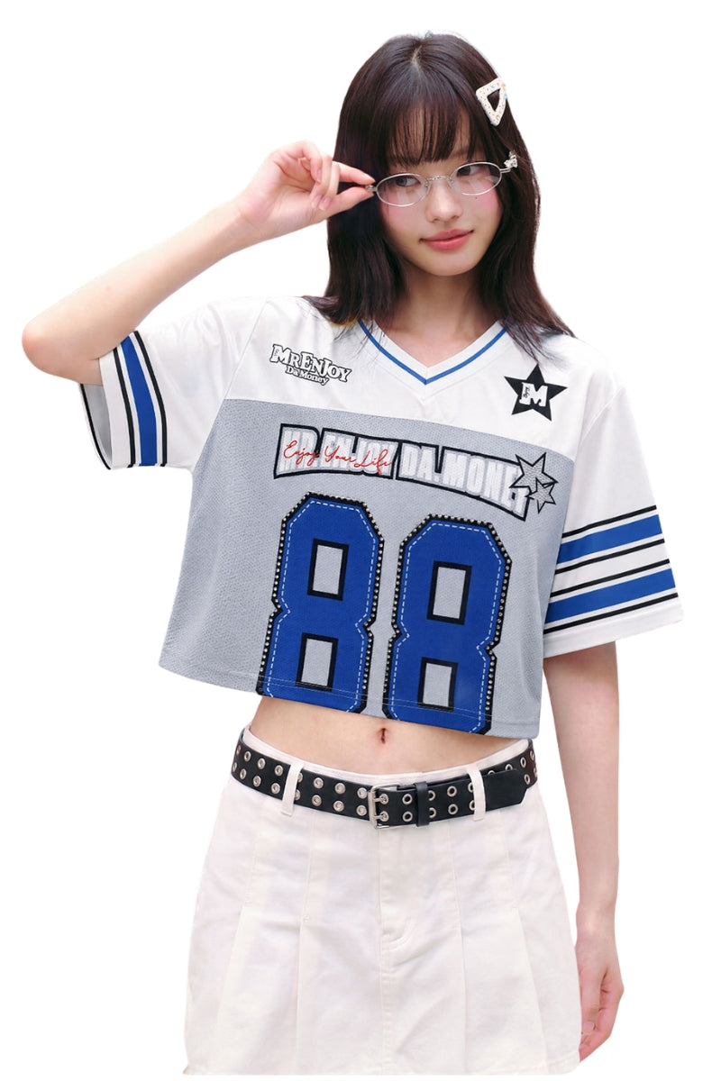 MEDM Women Cropped Retro Contrast V Neck Jersey Tee