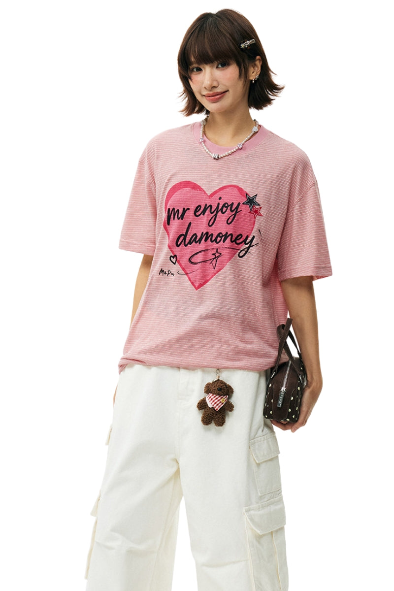 MEDM Striped Heart Letter Print Slim Loose Unisex T-shirt