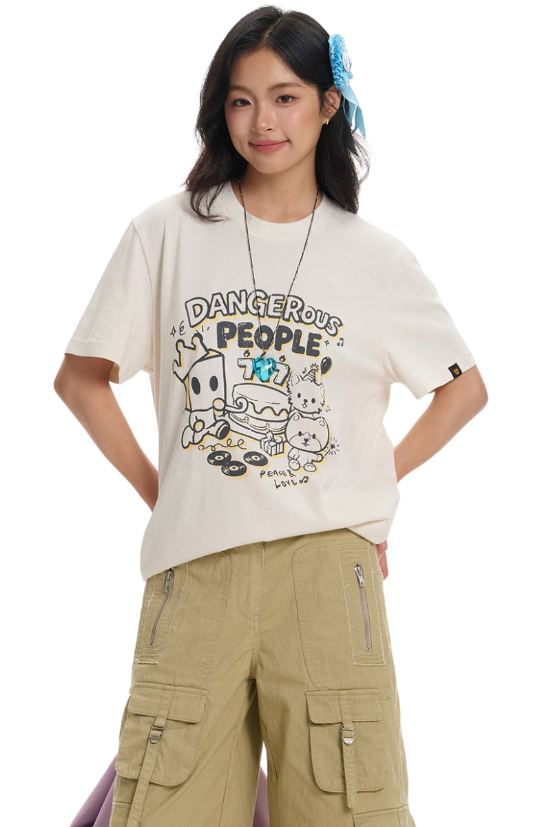 DangerousPeople DSP Mini‑D Home Hand‑Drawn Washed Tee Retro Texture Couple T‑Shirt